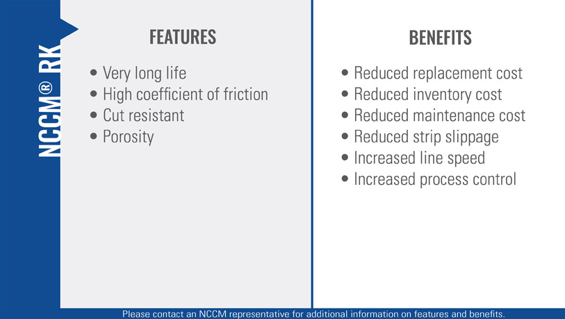 Chart listing the features and benefits of the NCCM<sup>®</sup> RK nonwoven roll."