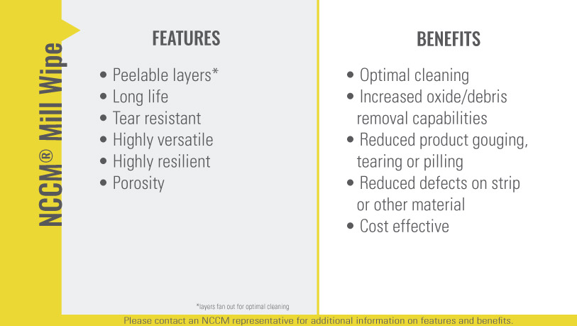 Chart listing the features and benefits of the NCCM<sup>®</sup> Mill Wipe nonwoven roll