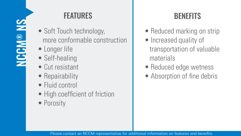 Chart listing the features and benefits of the NCCM<sup>®</sup> NS nonwoven roll.