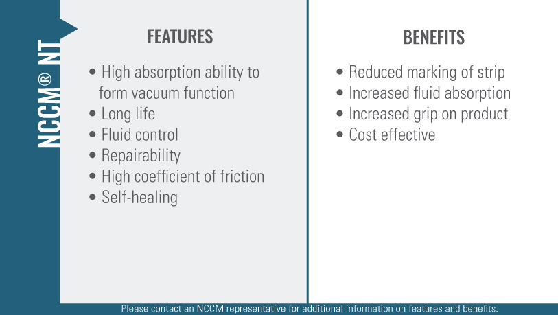 Chart listing the features and benefits of the NCCM<sup>®</sup> NT nonwoven roll