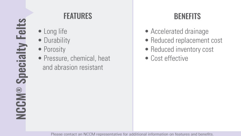 Chart listing the features and benefits of the NCCM<sup>®</sup> Specialty Felts products