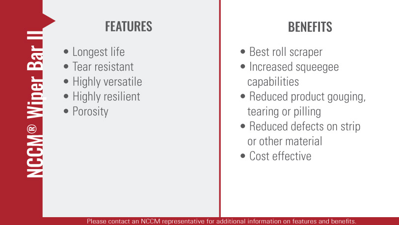 Chart listing the features and benefits of the NCCM<sup>®</sup> Wiper Bar II nonwoven roll