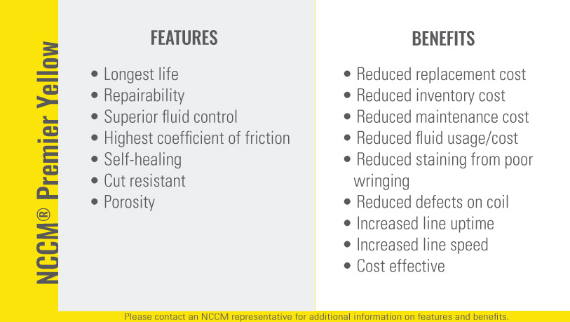 Chart listing the features and benefits of the NCCM<sup>®</sup> Premier Yellow nonwoven roll