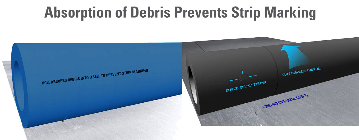 Side-by-side comparison of NCCM<sup>®</sup> NS vs. rubber roll's ability to absorb debris to prevent strip marking