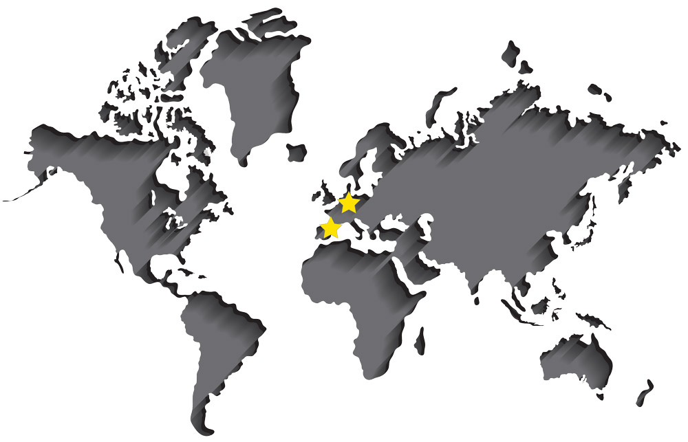 World map showing NCCM Company European plant, service center and sales office in Spain and the international sales office in Germany